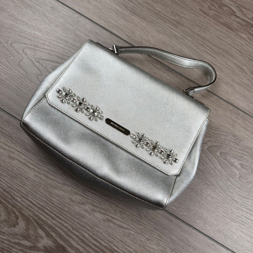Michael Kors Womens Satchel Handbag Crystal Embellished Saffiano Silver Medium
